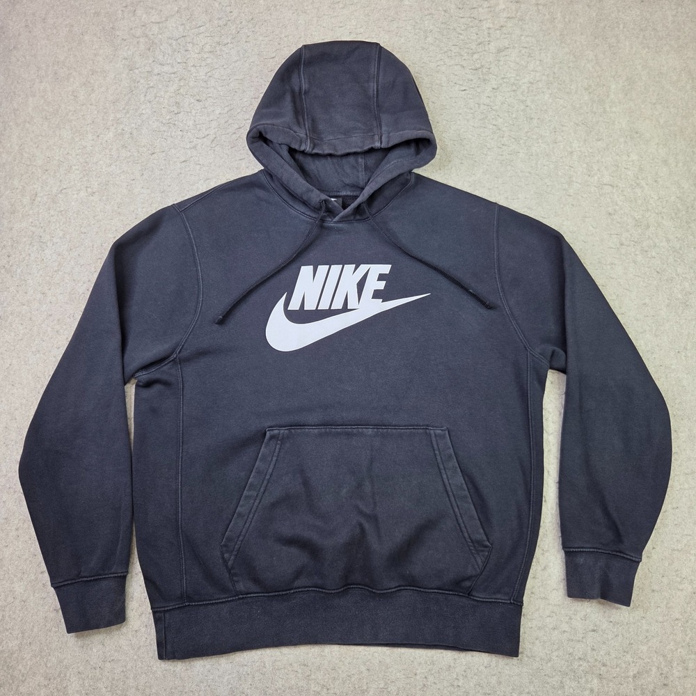 Nike Club Fleece Hoodie Mens L Black Pullover Drawstring Center Logo